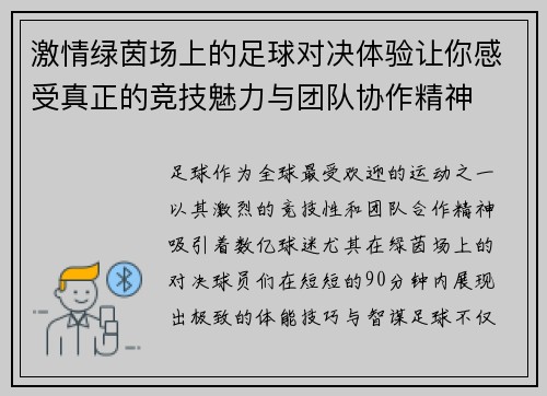 激情绿茵场上的足球对决体验让你感受真正的竞技魅力与团队协作精神