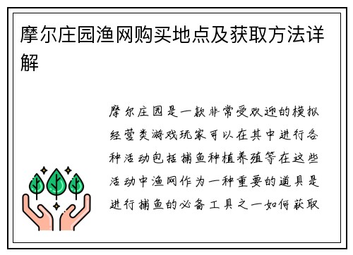 摩尔庄园渔网购买地点及获取方法详解